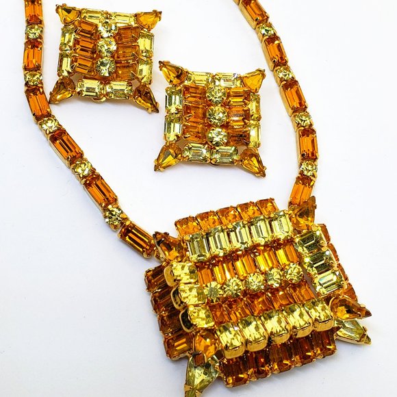 Vintage KRAMER OF NEW YORK Art Deco Yellow Orange Rhinestone Necklace Earrings - Picture 14 of 14